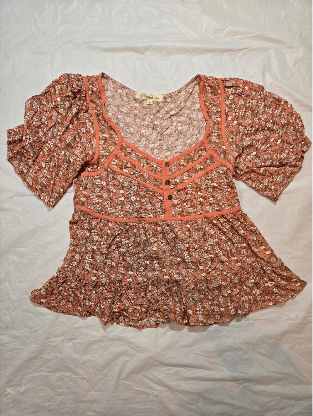 Rewind Women's Small Floral Peplum Top Rust Boho Puff Sleeve Button Front